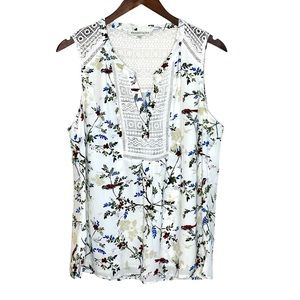Daniel Rainn Sleeveless Top Crocheted Lace Neckline V-neck Birds & Flowers L